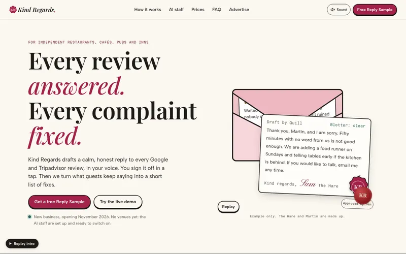 Kind Regards website, real screenshot